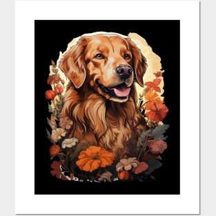 Golden Retriever  Dog Vintage Floral Posters and Art